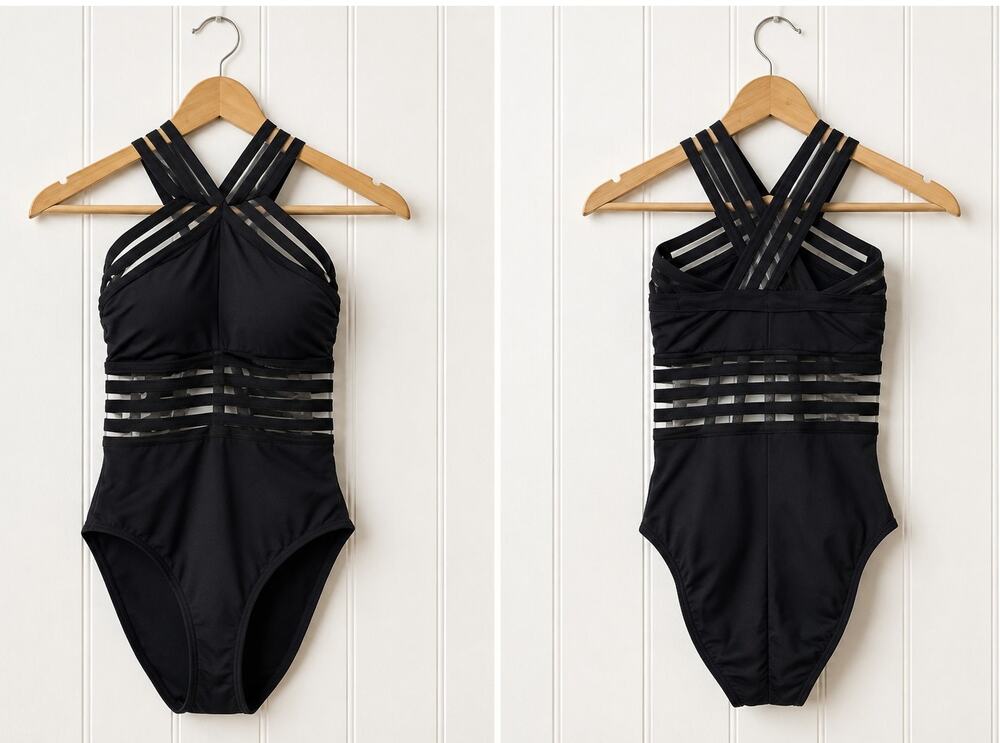 Kenneth Cole Swimsuit Women 8 Black Strappy Cutout One Piece Mesh Caged